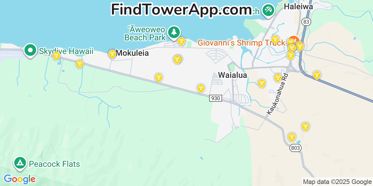 Map showing the 21 primary Verizon cell tower locations detected in Mokulēia, Hawaii with coverage radius and signal strength indicators