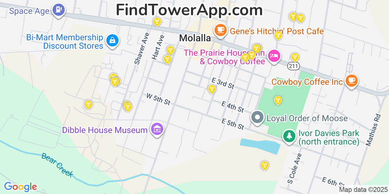 Map showing the 20 primary cell tower locations detected in Molalla, Oregon from AT&T, Verizon, and T-Mobile networks