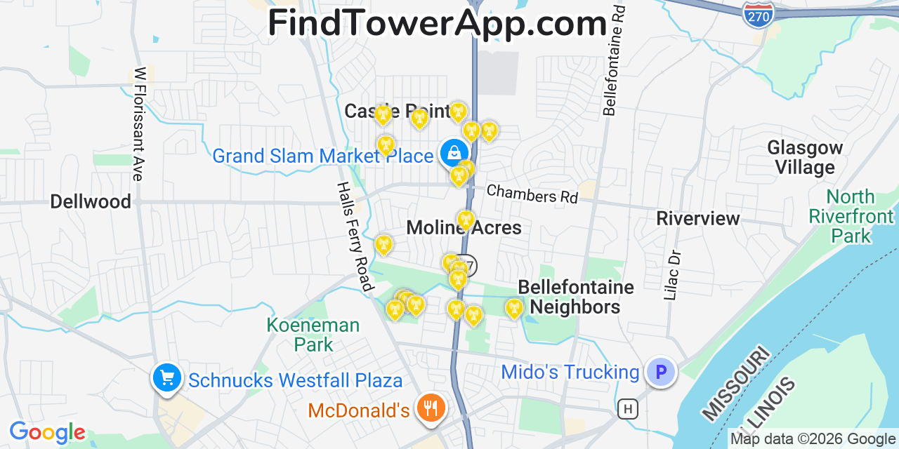 Map showing the 20 primary cell tower locations detected in Moline Acres, Missouri from AT&T, Verizon, and T-Mobile networks