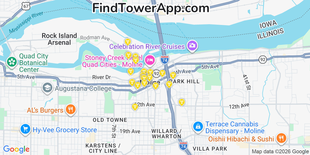 Map showing the 20 primary cell tower locations detected in Moline, Illinois from AT&T, Verizon, and T-Mobile networks