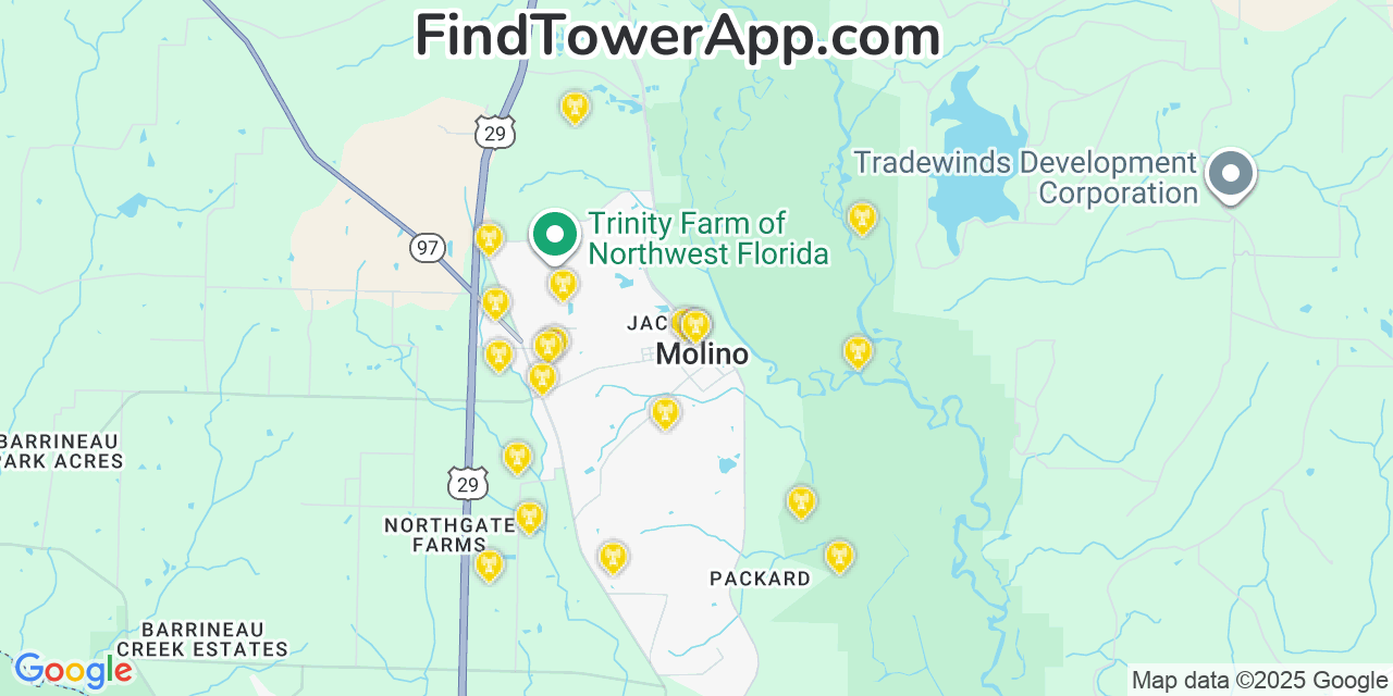 Map showing the 20 primary cell tower locations detected in Molino, Florida from AT&T, Verizon, and T-Mobile networks