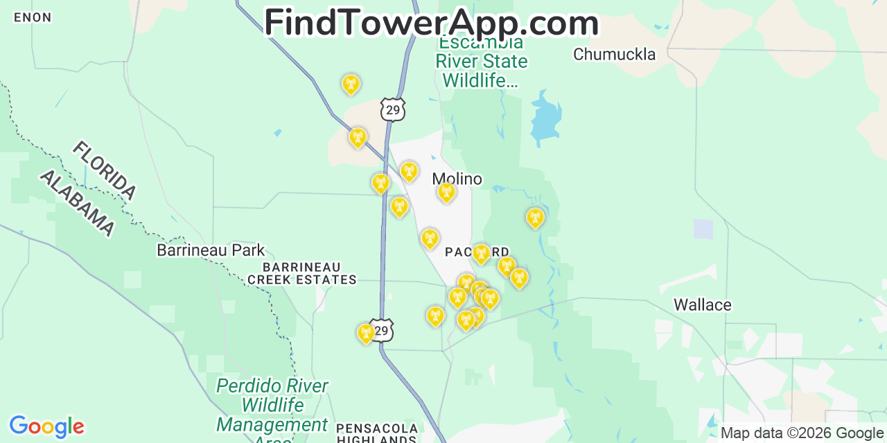 Map showing the 20 primary cell tower locations detected in Molino, Florida from AT&T, Verizon, and T-Mobile networks