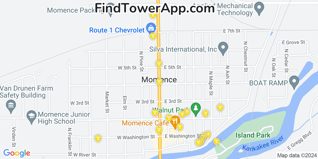 AT&T 4G/5G cell tower coverage map Momence, Illinois