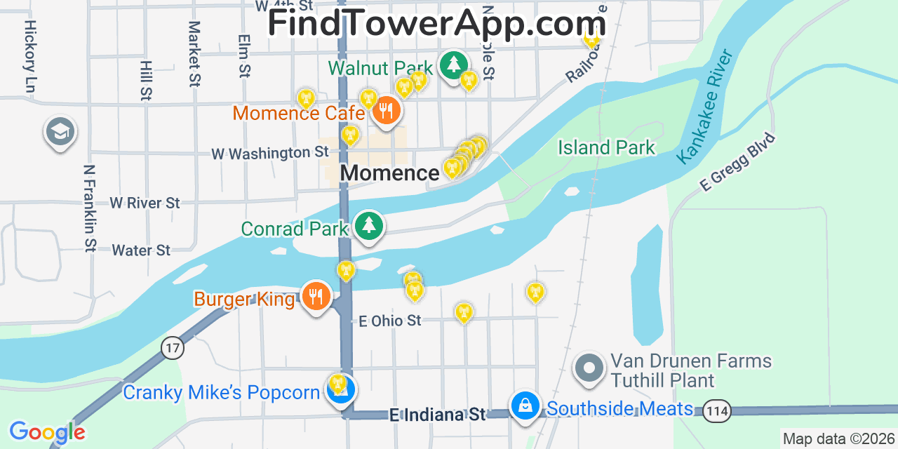 Map showing the 20 primary cell tower locations detected in Momence, Illinois from AT&T, Verizon, and T-Mobile networks