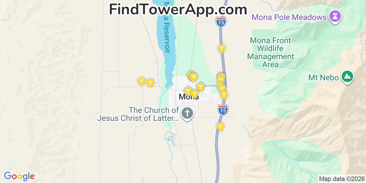 Map showing the 20 primary cell tower locations detected in Mona, Utah from AT&T, Verizon, and T-Mobile networks