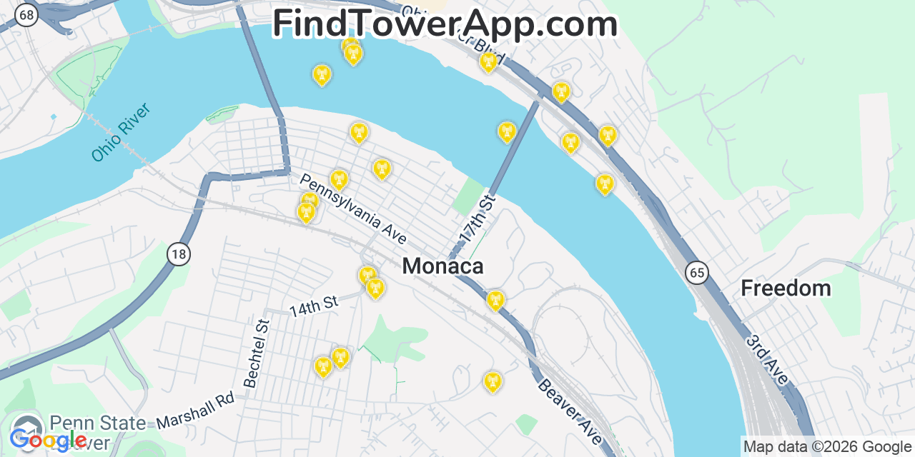 Map showing the 20 primary cell tower locations detected in Monaca, Pennsylvania from AT&T, Verizon, and T-Mobile networks