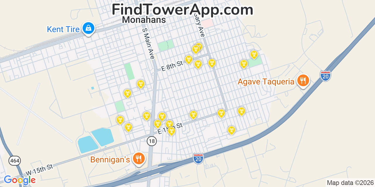 Map showing the 20 primary cell tower locations detected in Monahans, Texas from AT&T, Verizon, and T-Mobile networks