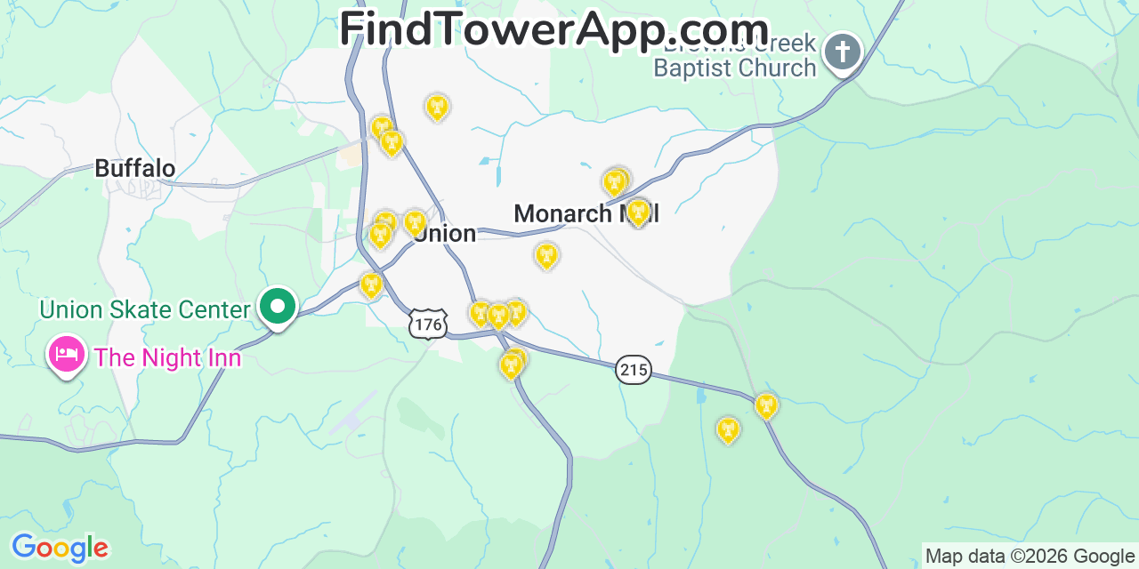 Map showing the 20 primary cell tower locations detected in Monarch Mill, South Carolina from AT&T, Verizon, and T-Mobile networks