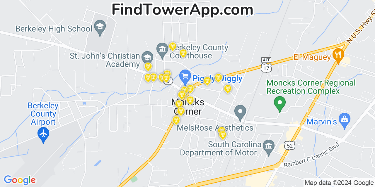 AT&T 4G/5G cell tower coverage map Moncks Corner, South Carolina