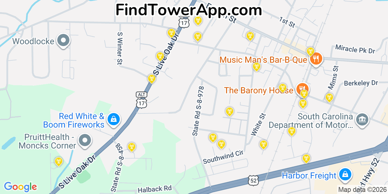 Map showing the 20 primary cell tower locations detected in Moncks Corner, South Carolina from AT&T, Verizon, and T-Mobile networks