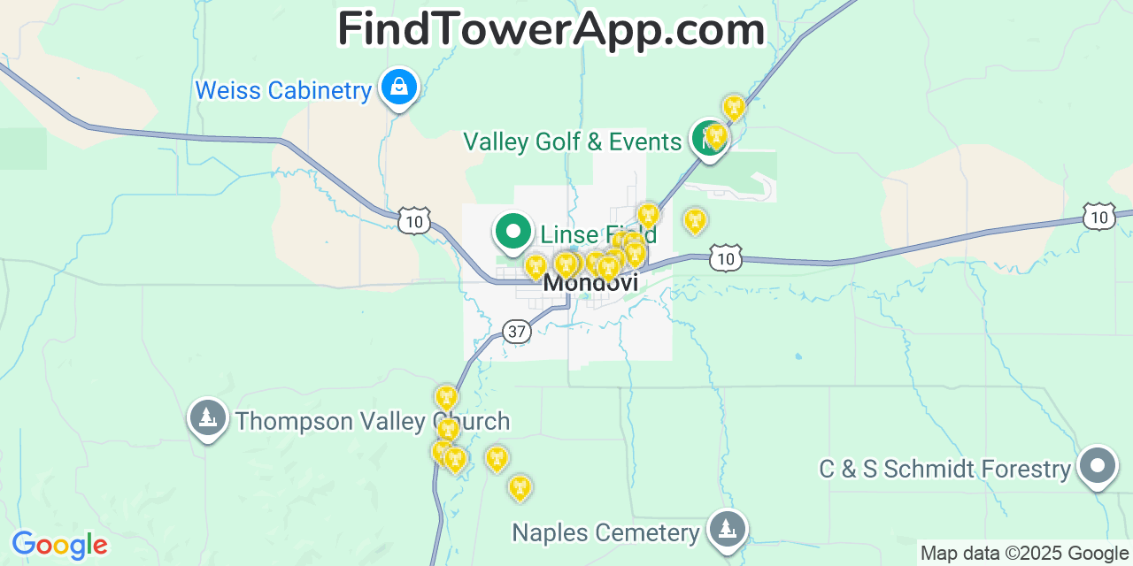 Map showing the 20 primary cell tower locations detected in Mondovi, Wisconsin from AT&T, Verizon, and T-Mobile networks