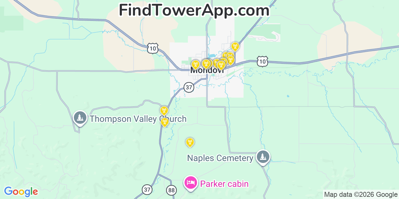Map showing the 20 primary cell tower locations detected in Mondovi, Wisconsin from AT&T, Verizon, and T-Mobile networks