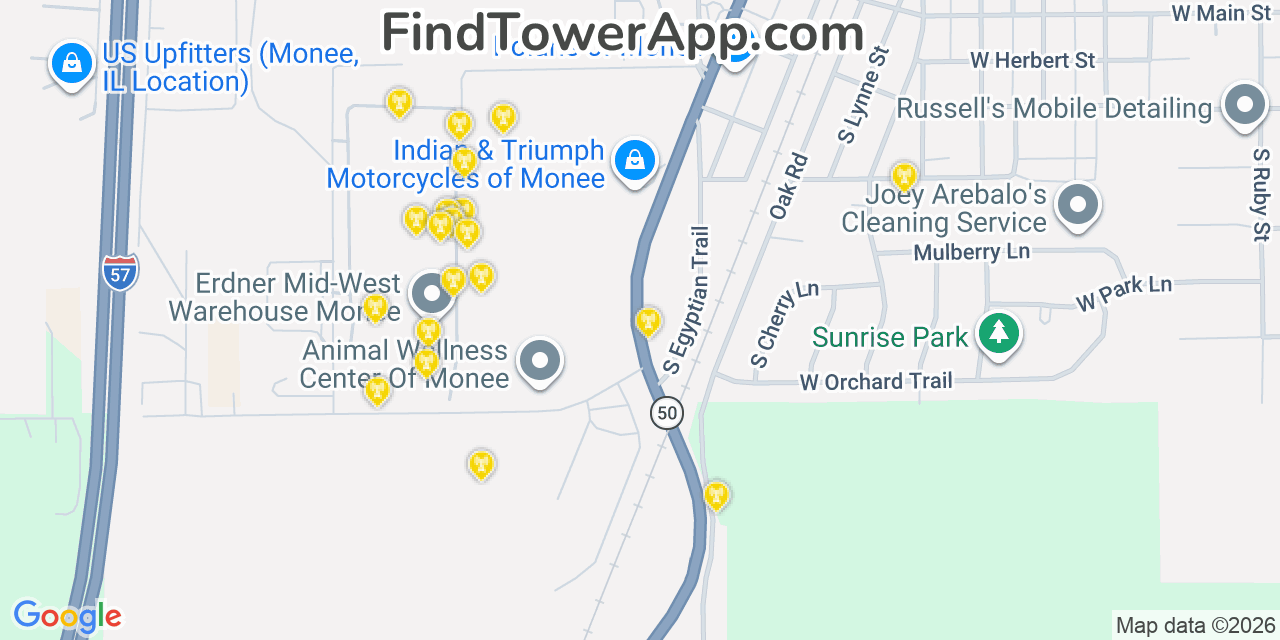 Map showing the 20 primary cell tower locations detected in Monee, Illinois from AT&T, Verizon, and T-Mobile networks