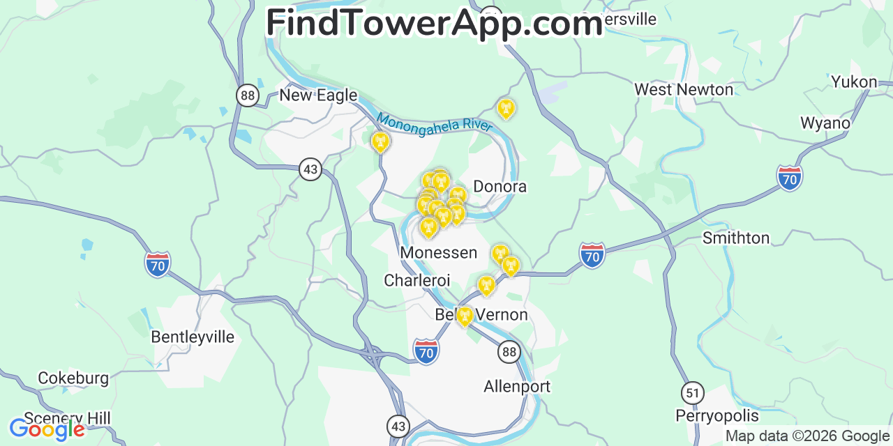Map showing the 20 primary cell tower locations detected in Monessen, Pennsylvania from AT&T, Verizon, and T-Mobile networks