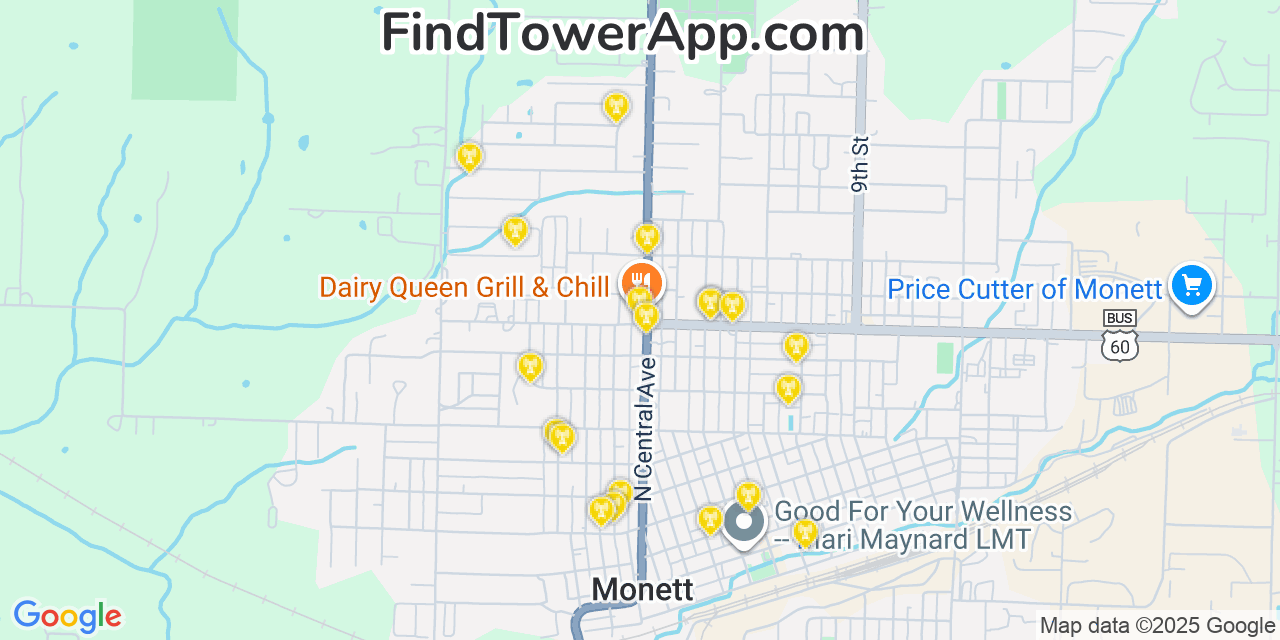 Map showing the 20 primary cell tower locations detected in Monett, Missouri from AT&T, Verizon, and T-Mobile networks