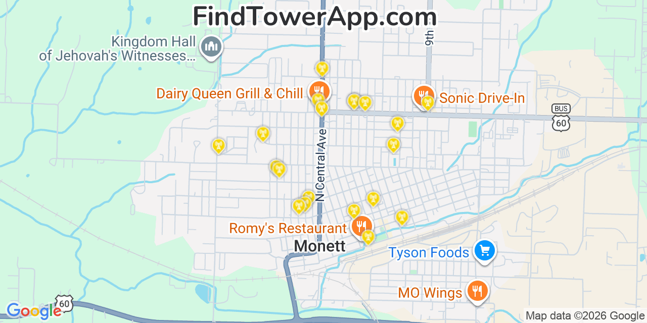 Map showing the 20 primary cell tower locations detected in Monett, Missouri from AT&T, Verizon, and T-Mobile networks