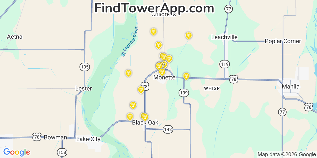 Map showing the 20 primary cell tower locations detected in Monette, Arkansas from AT&T, Verizon, and T-Mobile networks