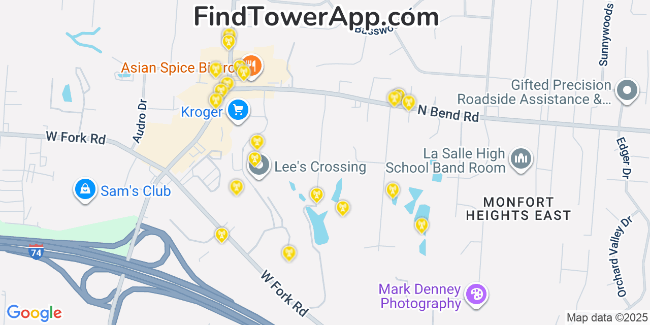 Map showing the 20 primary cell tower locations detected in Monfort Heights, Ohio from AT&T, Verizon, and T-Mobile networks