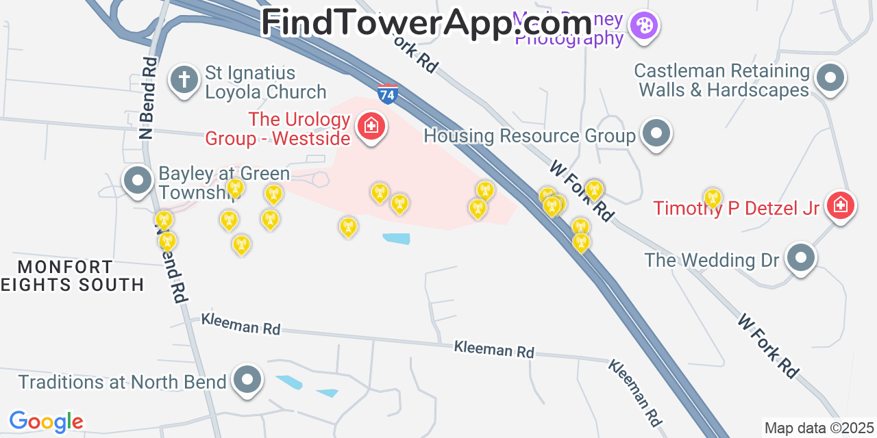 Map showing the 20 primary cell tower locations detected in Monfort Heights, Ohio from AT&T, Verizon, and T-Mobile networks