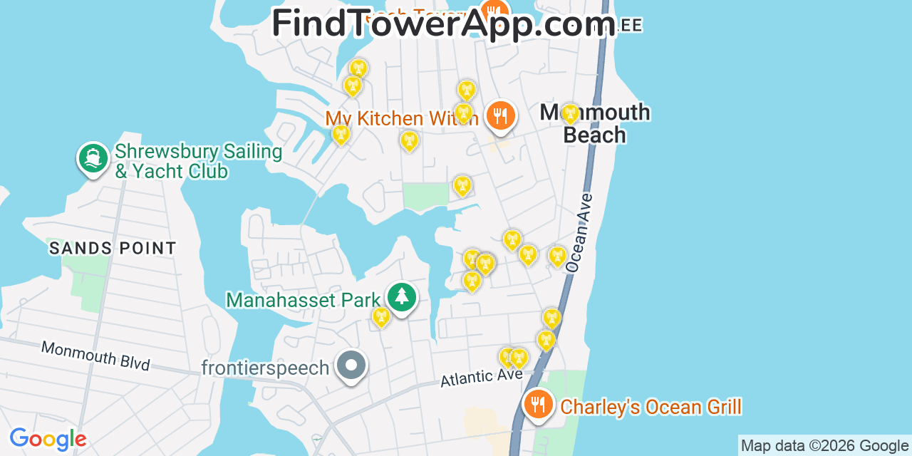Map showing the 20 primary cell tower locations detected in Monmouth Beach, New Jersey from AT&T, Verizon, and T-Mobile networks