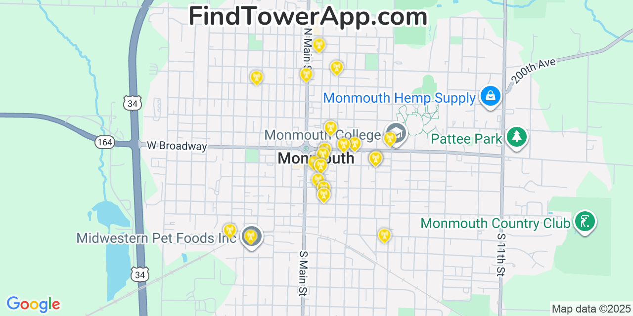 Map showing the 20 primary cell tower locations detected in Monmouth, Illinois from AT&T, Verizon, and T-Mobile networks