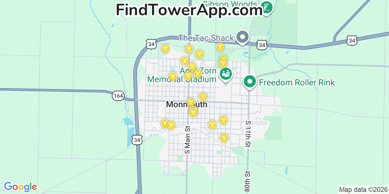 Map showing the 20 primary cell tower locations detected in Monmouth, Illinois from AT&T, Verizon, and T-Mobile networks