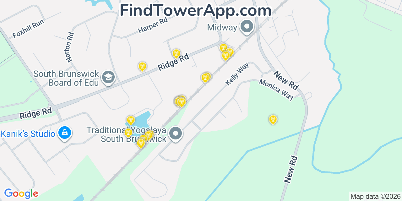 Map showing the 20 primary cell tower locations detected in Monmouth Junction, New Jersey from AT&T, Verizon, and T-Mobile networks