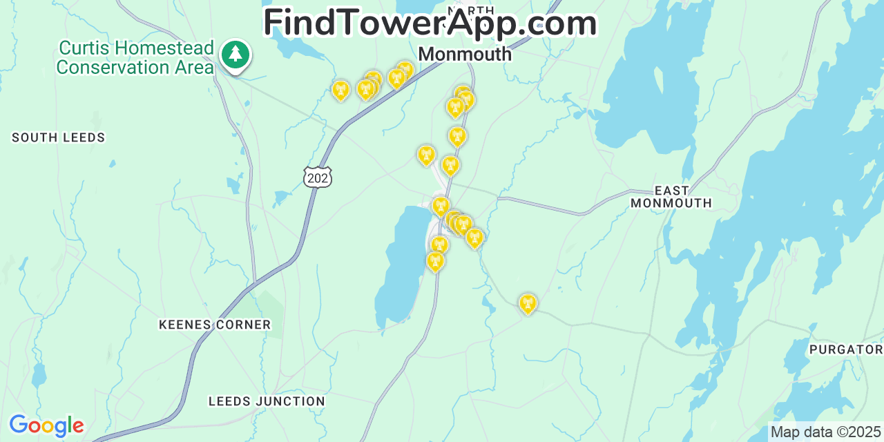 Map showing the 20 primary cell tower locations detected in Monmouth, Maine from AT&T, Verizon, and T-Mobile networks