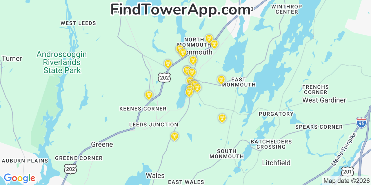 Map showing the 20 primary cell tower locations detected in Monmouth, Maine from AT&T, Verizon, and T-Mobile networks