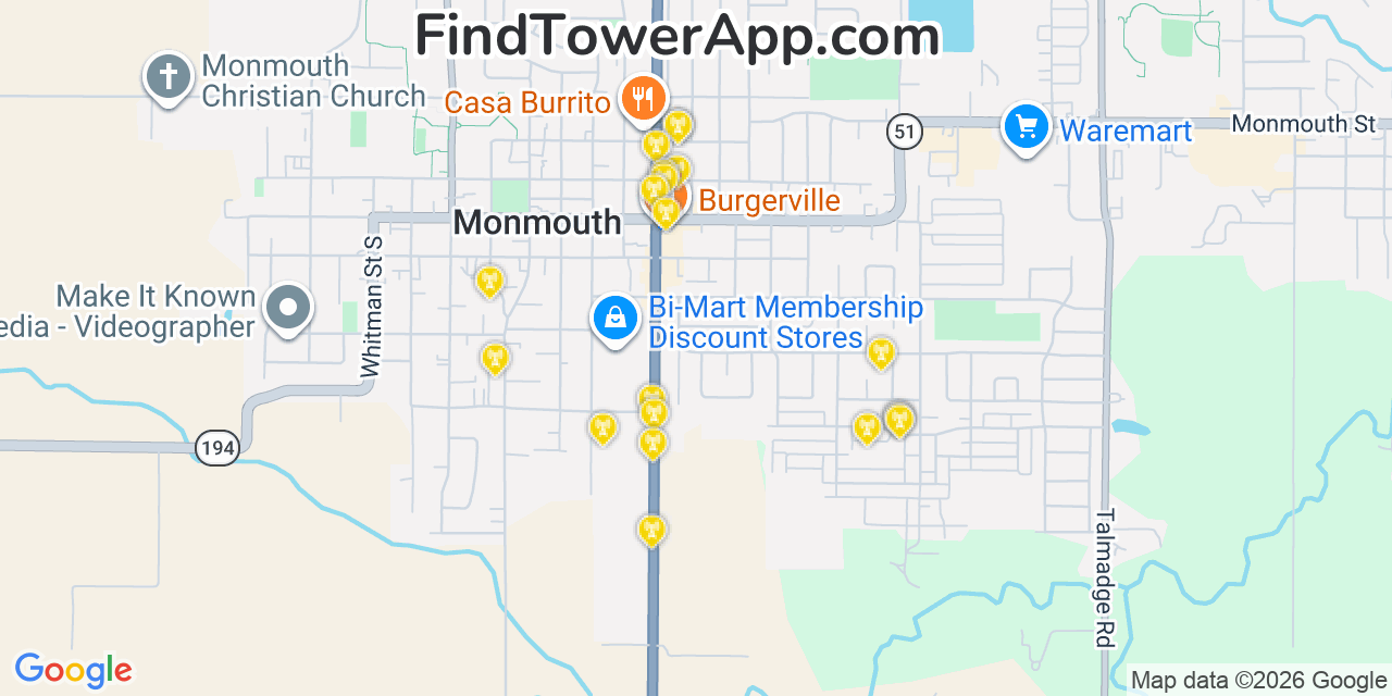 Map showing the 20 primary cell tower locations detected in Monmouth, Oregon from AT&T, Verizon, and T-Mobile networks