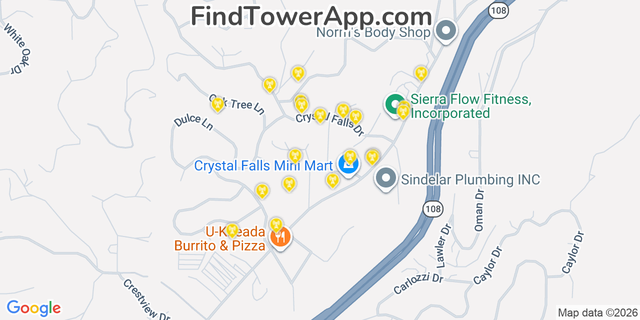 Map showing the 20 primary cell tower locations detected in Mono Vista, California from AT&T, Verizon, and T-Mobile networks