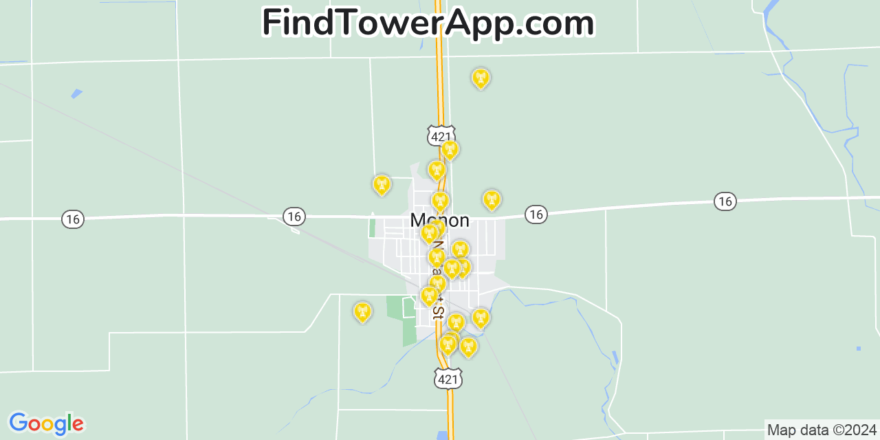 AT&T 4G/5G cell tower coverage map Monon, Indiana