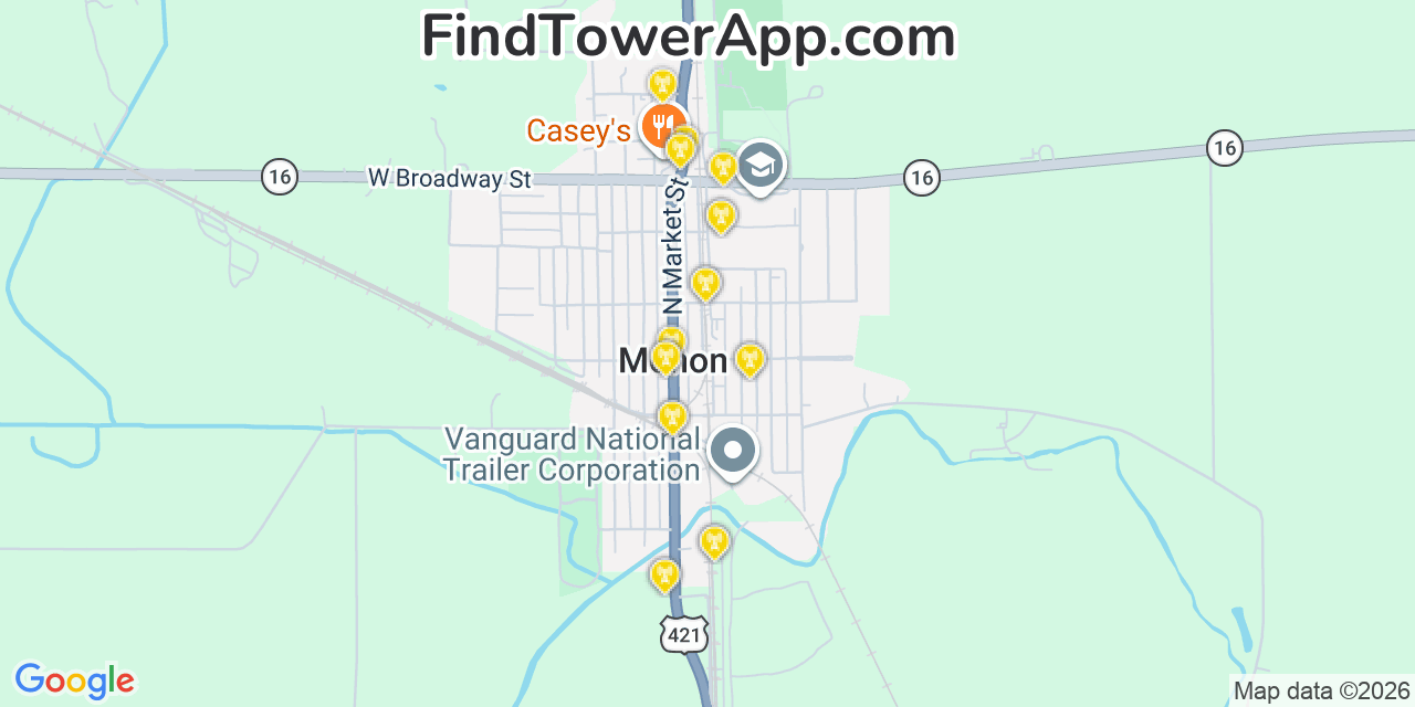 Map showing the 20 primary cell tower locations detected in Monon, Indiana from AT&T, Verizon, and T-Mobile networks