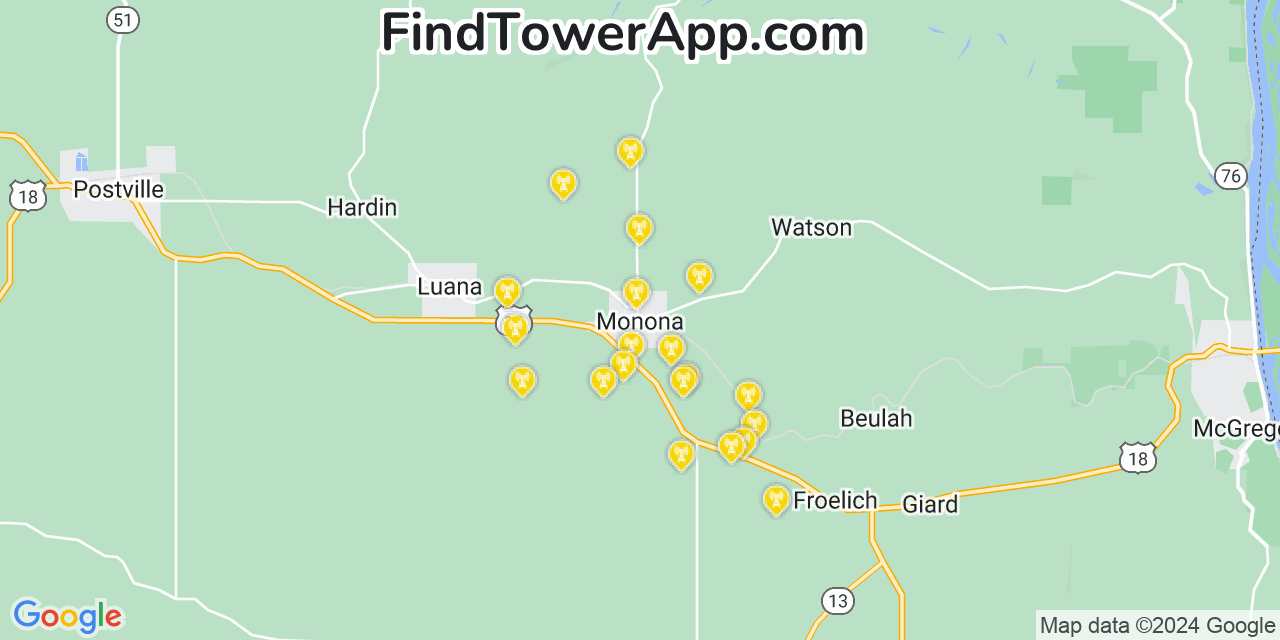 AT&T 4G/5G cell tower coverage map Monona, Iowa