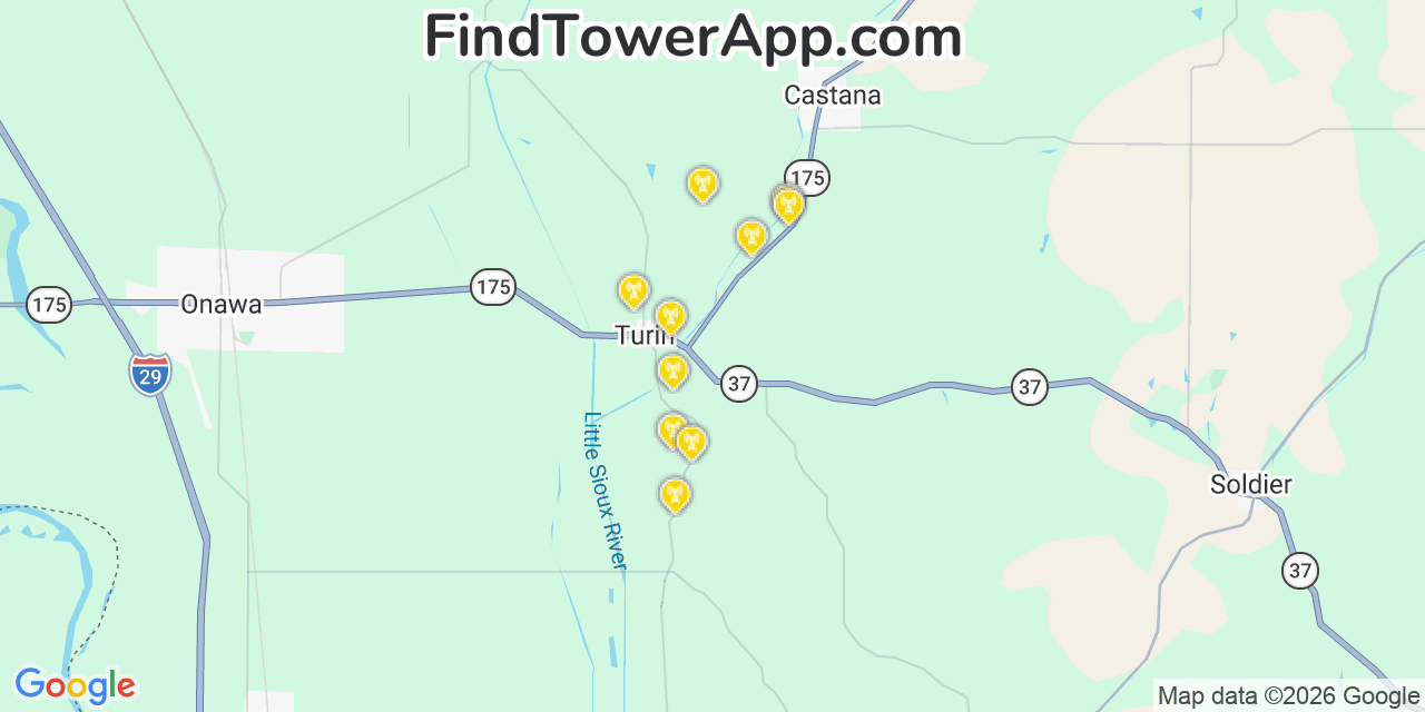 Map showing the 20 primary cell tower locations detected in Monona, Iowa from AT&T, Verizon, and T-Mobile networks