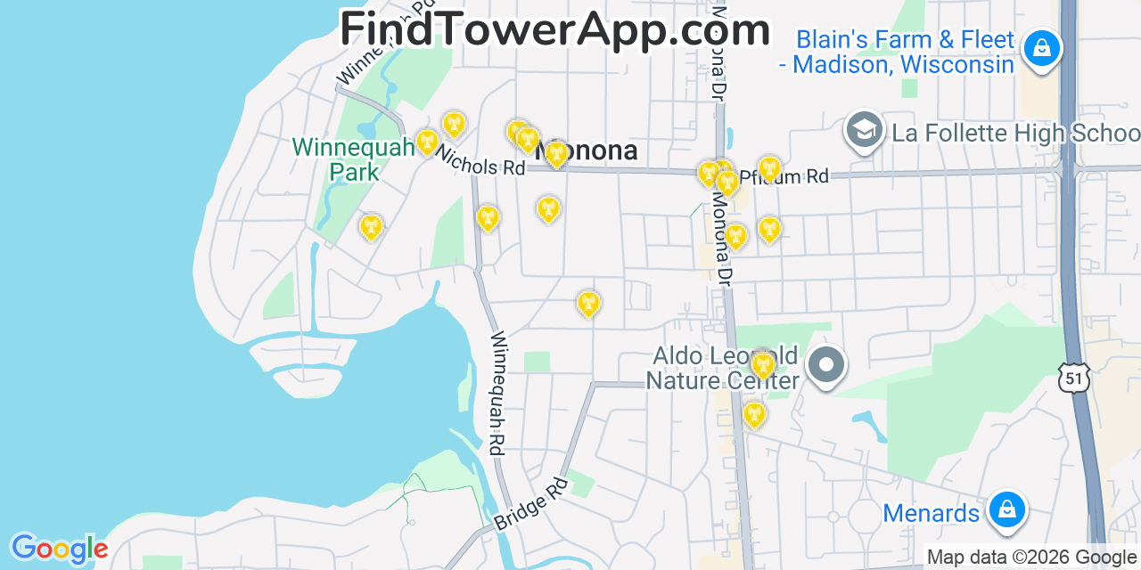Map showing the 20 primary cell tower locations detected in Monona, Wisconsin from AT&T, Verizon, and T-Mobile networks