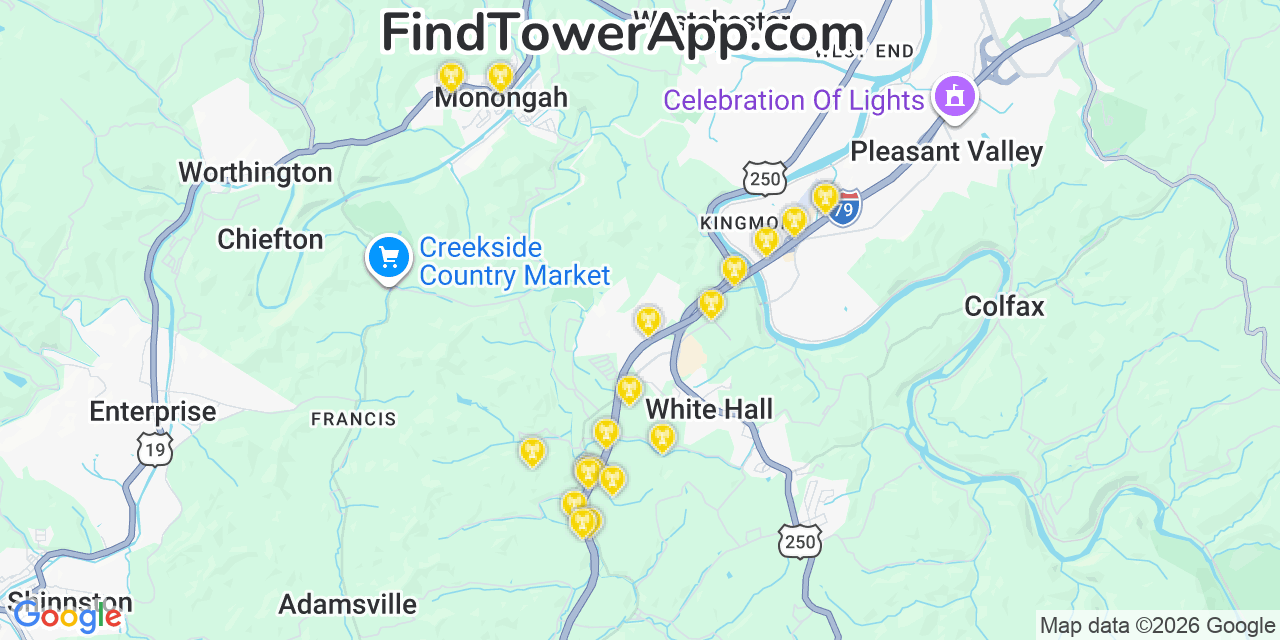 Map showing the 20 primary cell tower locations detected in Monongah, West Virginia from AT&T, Verizon, and T-Mobile networks