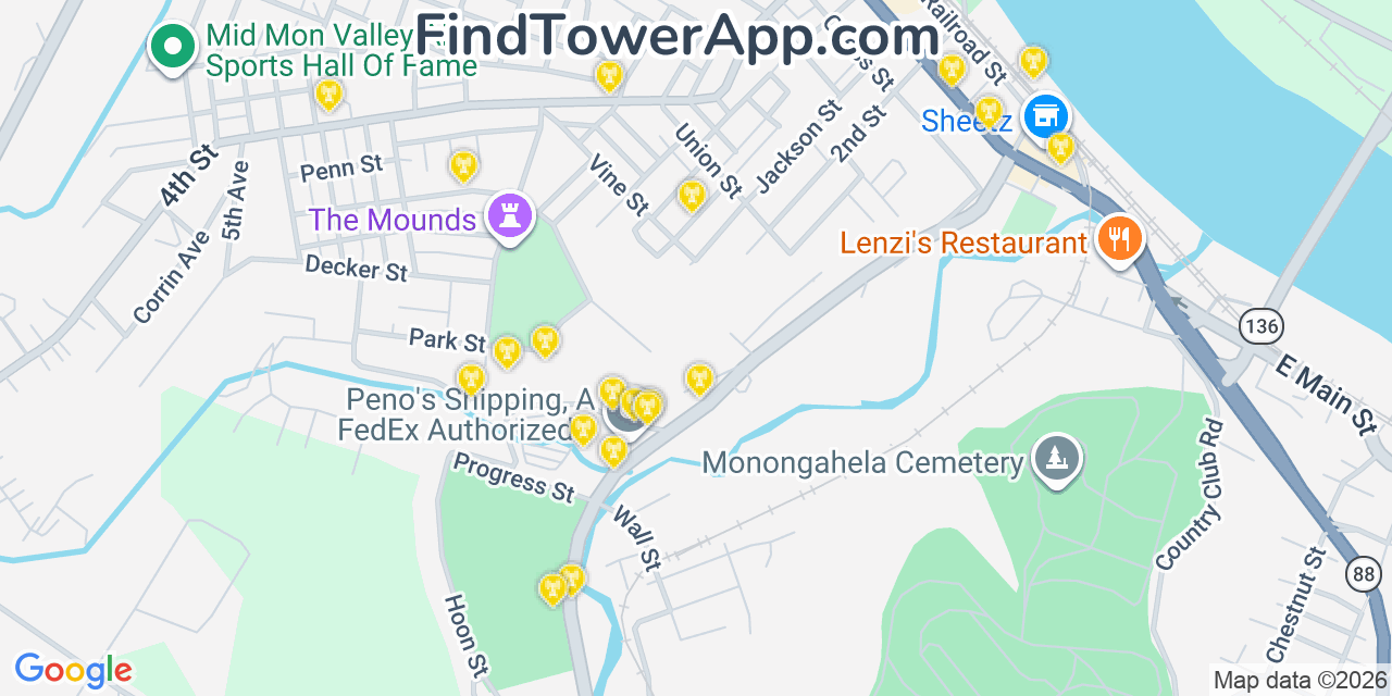 Map showing the 20 primary cell tower locations detected in Monongahela, Pennsylvania from AT&T, Verizon, and T-Mobile networks