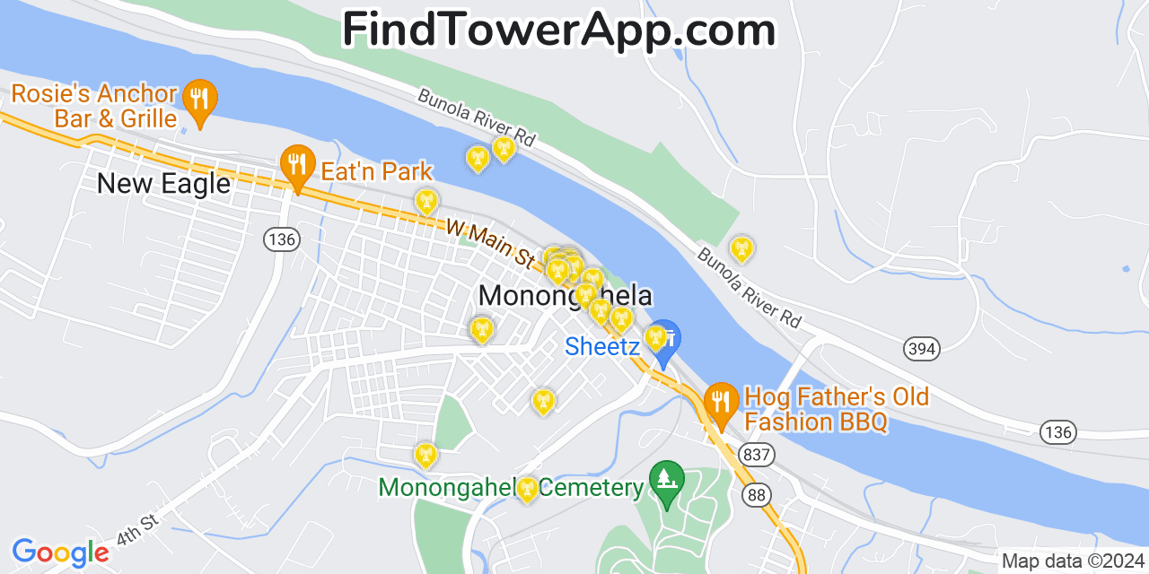 T-Mobile 4G/5G cell tower coverage map Monongahela, Pennsylvania