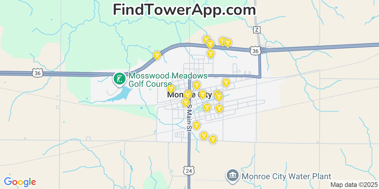 Map showing the 20 primary cell tower locations detected in Monroe City, Missouri from AT&T, Verizon, and T-Mobile networks