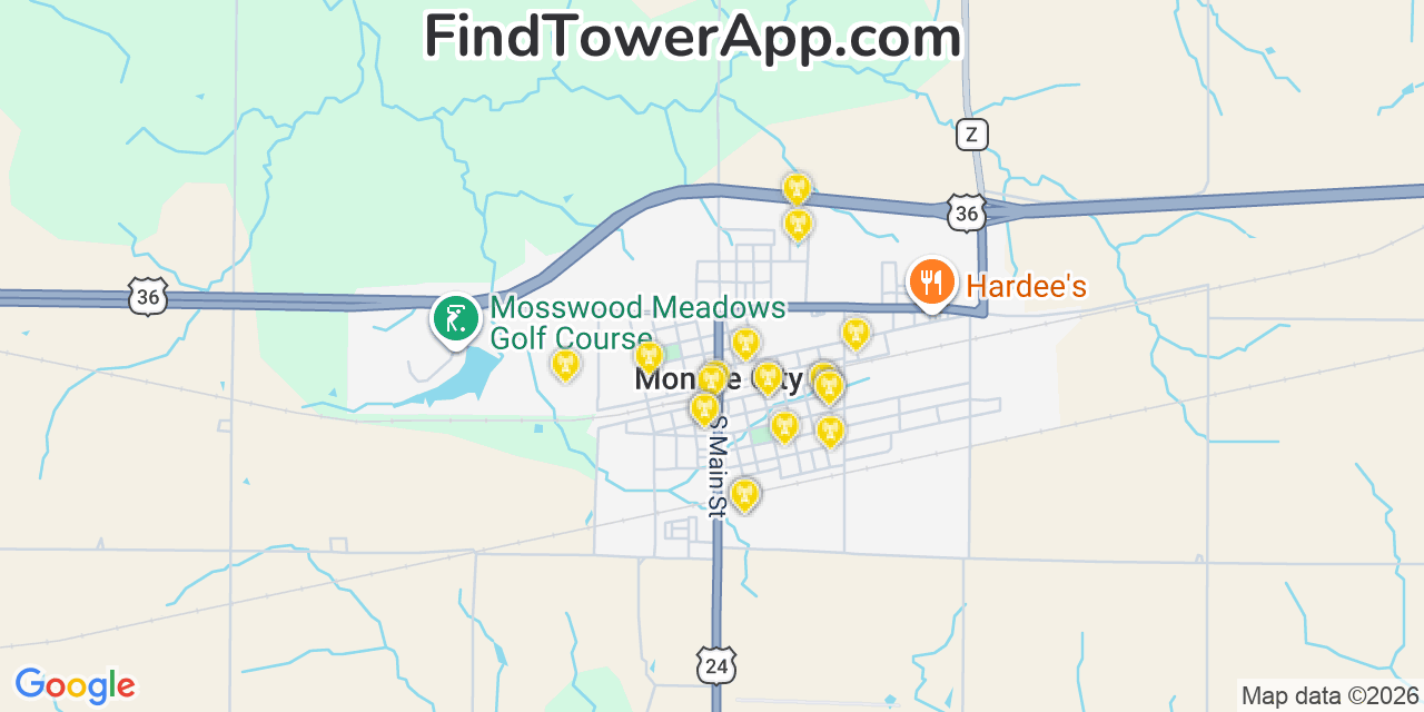 Map showing the 20 primary cell tower locations detected in Monroe City, Missouri from AT&T, Verizon, and T-Mobile networks