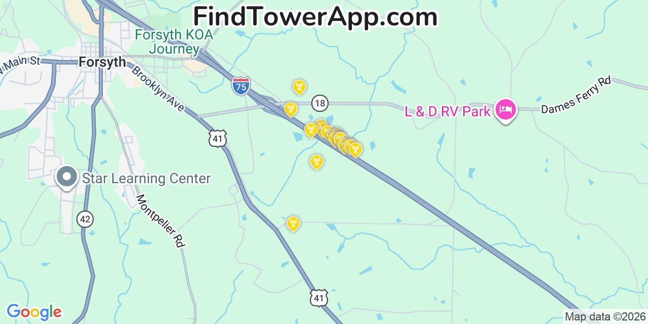 Map showing the 20 primary cell tower locations detected in Monroe, Georgia from AT&T, Verizon, and T-Mobile networks