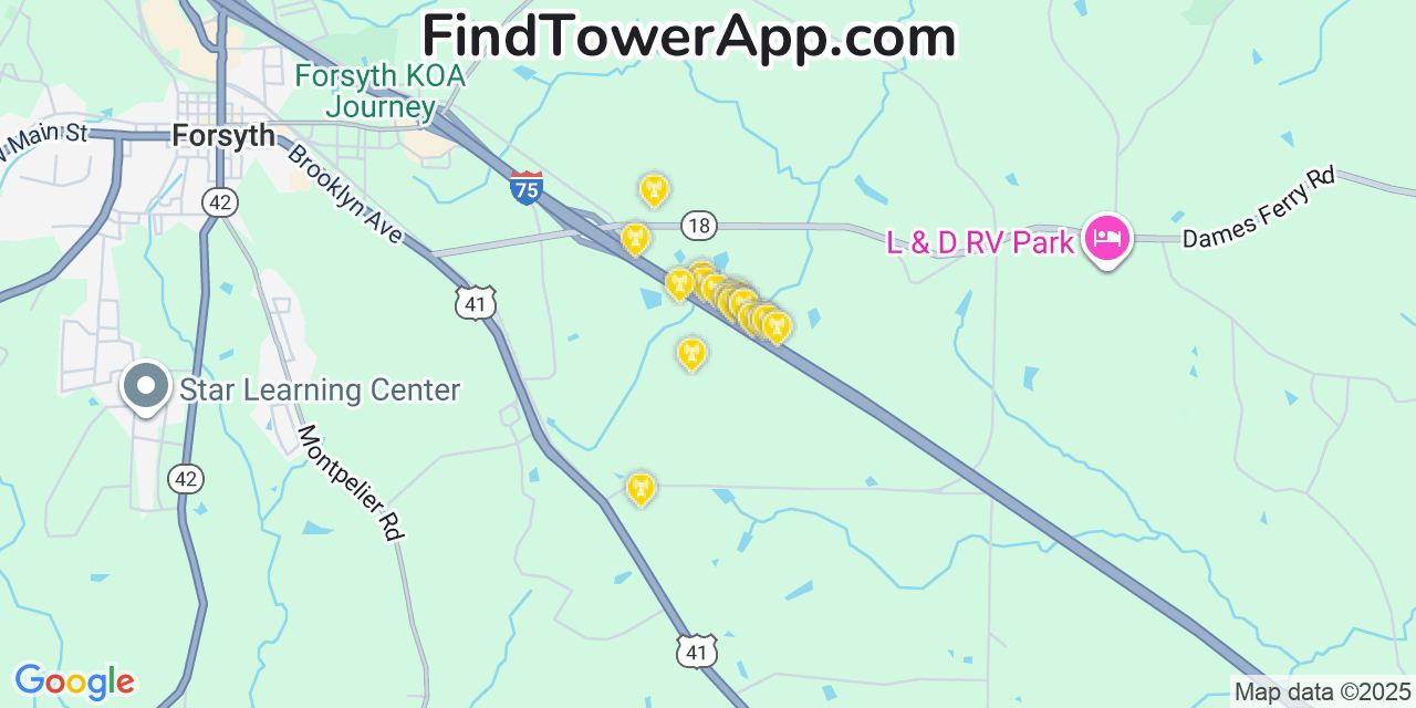 Map showing the 20 primary Mobitel cell tower locations detected in Monroe, Georgia with coverage radius and signal strength indicators