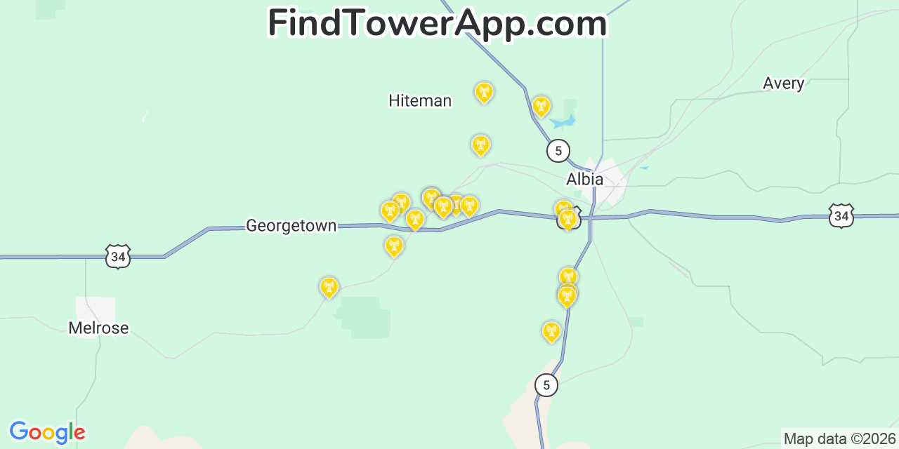 Map showing the 20 primary cell tower locations detected in Monroe, Iowa from AT&T, Verizon, and T-Mobile networks