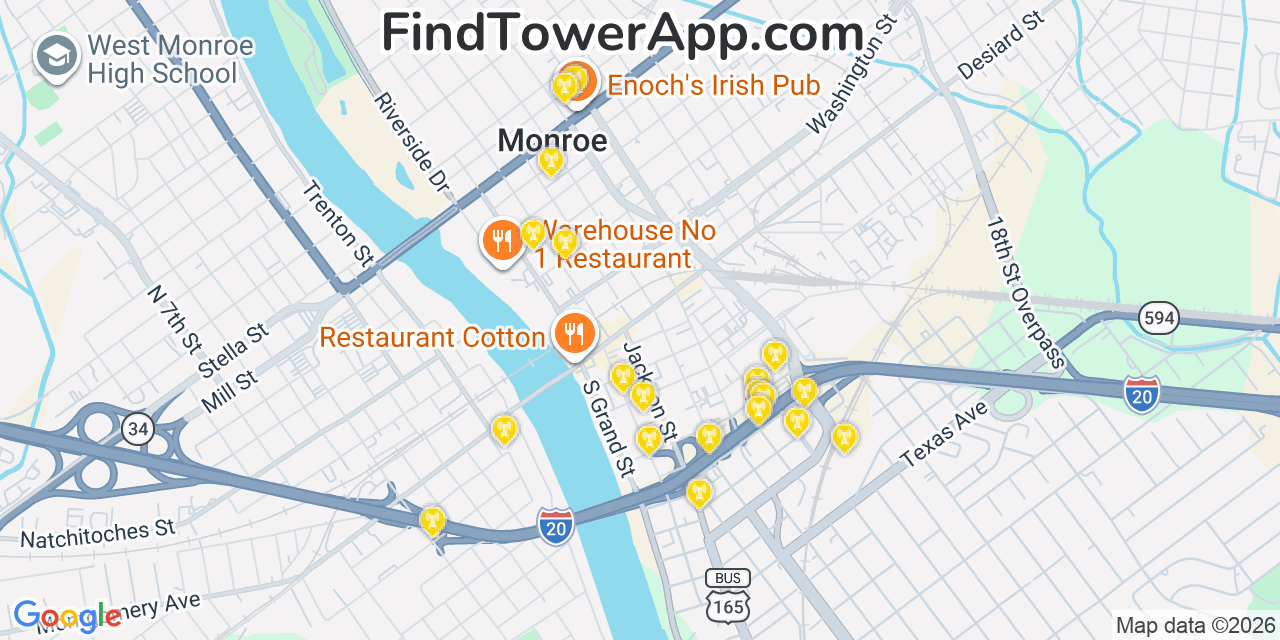 Map showing the 20 primary cell tower locations detected in Monroe, Louisiana from AT&T, Verizon, and T-Mobile networks
