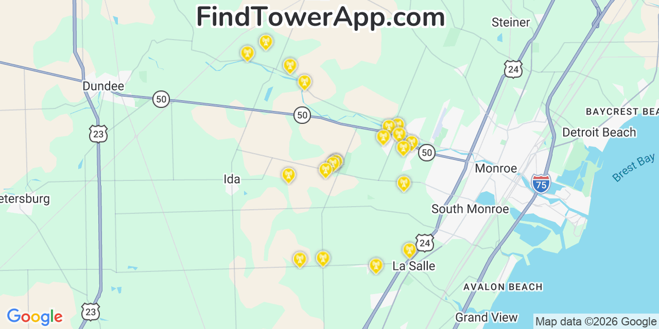 Map showing the 20 primary cell tower locations detected in Monroe, Michigan from AT&T, Verizon, and T-Mobile networks