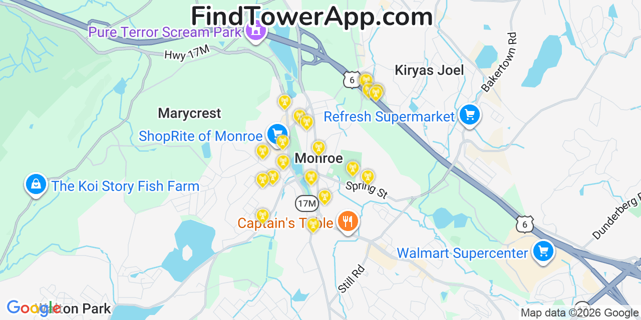 Map showing the 20 primary cell tower locations detected in Monroe, New York from AT&T, Verizon, and T-Mobile networks
