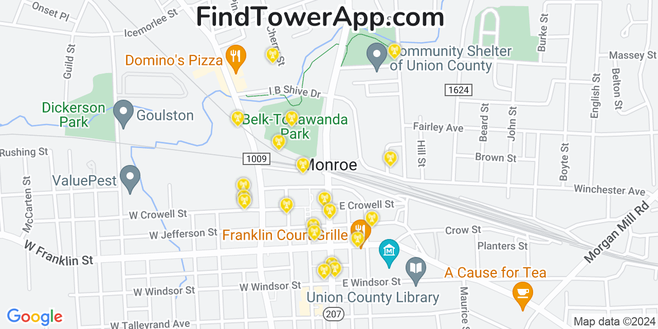 AT&T 4G/5G cell tower coverage map Monroe, North Carolina