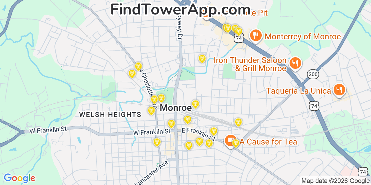 Map showing the 20 primary cell tower locations detected in Monroe, North Carolina from AT&T, Verizon, and T-Mobile networks