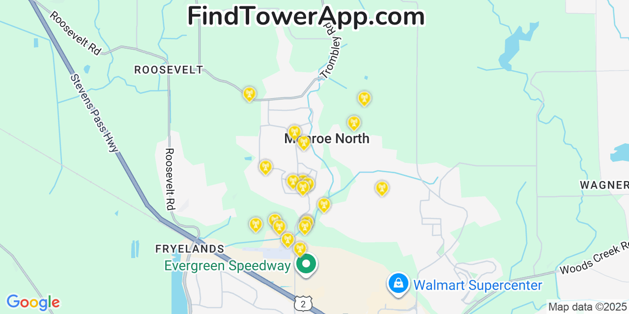 Map showing the 20 primary cell tower locations detected in Monroe North, Washington from AT&T, Verizon, and T-Mobile networks